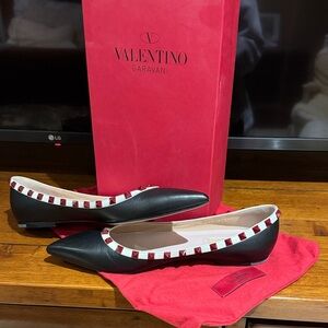 Valentino Garavani Black Flats with Red Accents